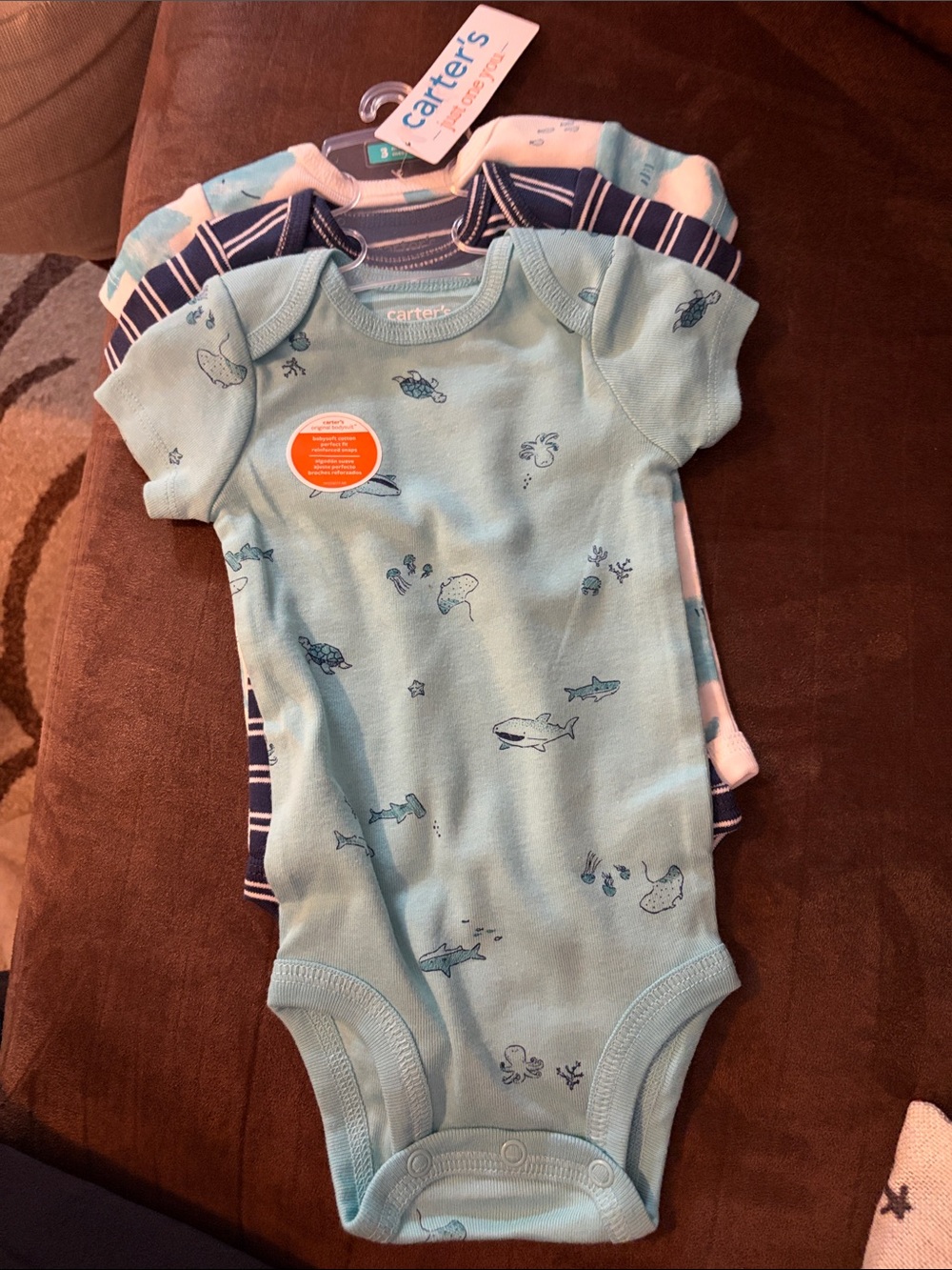 Carter's Light Blue Ocean Print Baby 3 Piece Bodysuit Set NWT